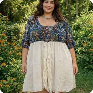 4/$15 Boho Paisley Top with Cream Tiered Silk Skirt Handmade Upcycle Artist Plus